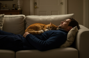 man relaxing on sofa with his cat